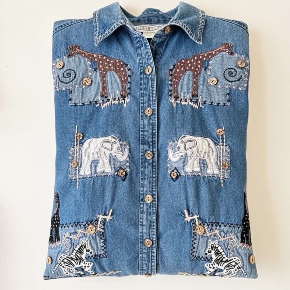 VTG Denim Button Down Shirt Cotton Embroidered Safari Giraffe Elephant Zebra M - Picture 13 of 14